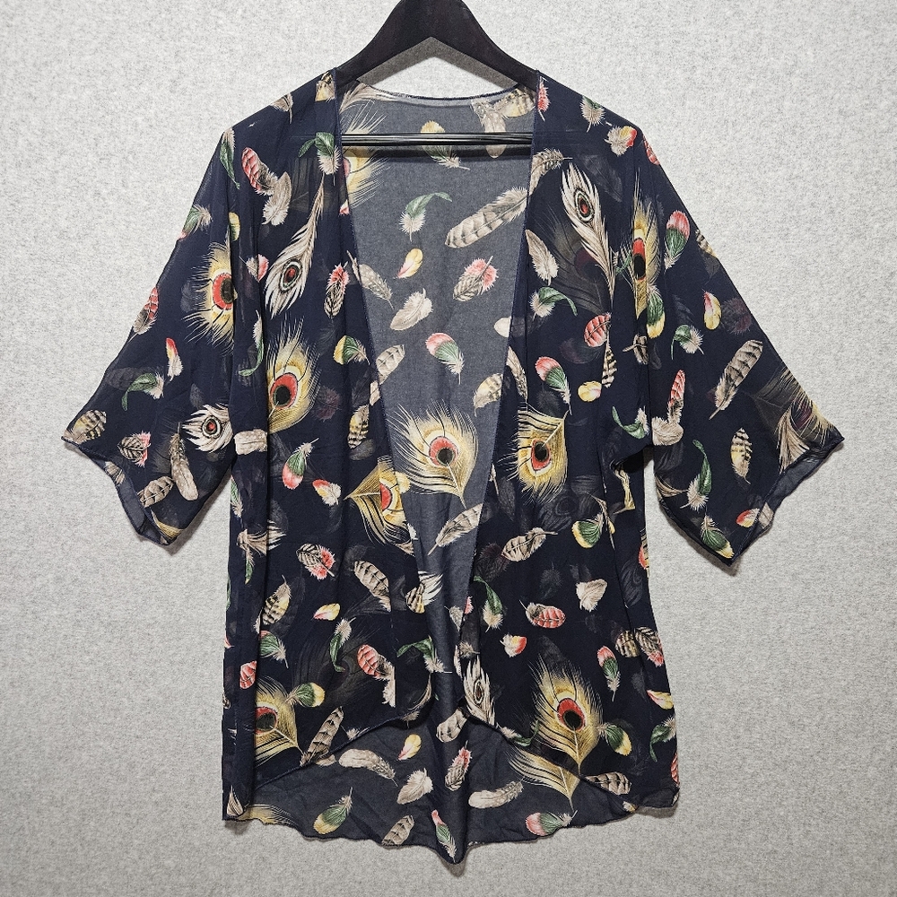 Ladies Sheer Feather Print Kimono OSFM